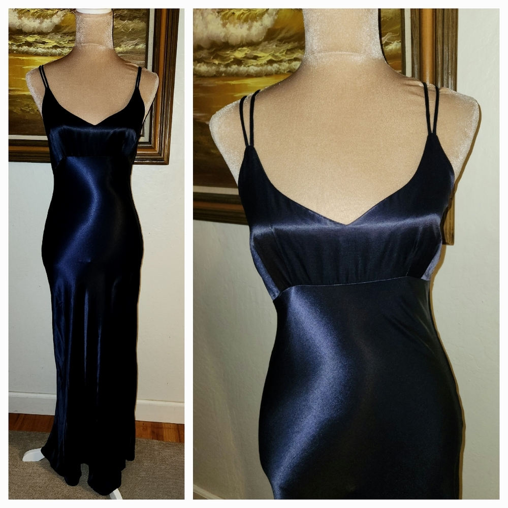 Vintage 1990s Maxi Slip Dress Gown Black/Blue By Cosmos